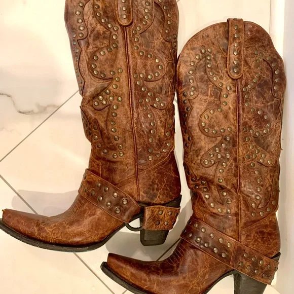 Studded Brown Heeled Boots - Picture 2 of 8